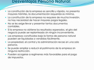 Desventajas Persona Natural:

 La constitución de la empresa es sencilla y rápida, no presenta
  mayores trámites, la documentación requerida es mínima.
 La constitución de la empresa no requiere de mucha inversión,
  no hay necesidad de hacer mayores pagos legales.
 No se les exige llevar y presentar tantos documentos
  contables.
 Si la empresa no obtiene los resultados esperados, el giro del
  negocio puede ser replanteado sin ningún inconveniente.
 Las empresas constituidas bajo la forma de persona natural
  pueden ser liquidadas o vendidas fácilmente.
 La propiedad, el control y la administración recae en una sola
  persona.
 Se puede ampliar o reducir el patrimonio de la empresa sin
  ninguna restricción.
 Pueden acogerse a regímenes más favorables para el pago
  de impuestos.
 