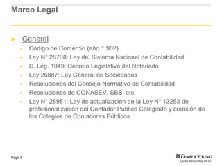 Marco Legal


►        General
          Código de Comercio (año 1,902)
          Ley N° 28708: Ley del Sistema Nacional de Contabilidad
          D. Leg. 1049: Decreto Legislativo del Notariado
          Ley 26887: Ley General de Sociedades
          Resoluciones del Consejo Normativo de Contabilidad
          Resoluciones de CONASEV, SBS, etc.
          Ley N° 28951: Ley de actualización de la Ley N° 13253 de
          profesionalización del Contador Público Colegiado y creación de
          los Colegios de Contadores Públicos




Page 3
 