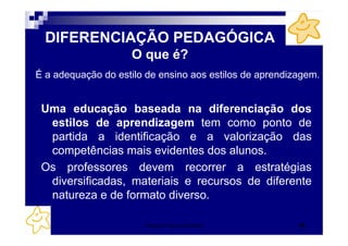 DIFERENCIAÇÃO PEDAGÓGICA
                    O que é?
É a adequação do estilo de ensino aos estilos de aprendizagem.


 Uma educação baseada na diferenciação dos
  estilos de aprendizagem tem como ponto de
  partida a identificação e a valorização das
  competências mais evidentes dos alunos.
 Os professores devem recorrer a estratégias
  diversificadas, materiais e recursos de diferente
  natureza e de formato diverso.

                       Patrícia Praça de Almeida         32
 