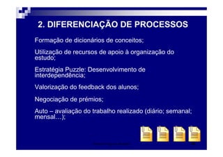 2. DIFERENCIAÇÃO DE PROCESSOS
Formação de dicionários de conceitos;
Utilização de recursos de apoio à organização do
estudo;
Estratégia Puzzle: Desenvolvimento de
interdependência;
Valorização do feedback dos alunos;
Negociação de prémios;
Auto – avaliação do trabalho realizado (diário; semanal;
mensal…);



                    Patrícia Praça de Almeida          40
 