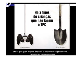 Tratar por igual, o que é diferente é discriminar negativamente…
                        Patrícia Praça de Almeida                  24
                    (Principio da não desigualdade)
 