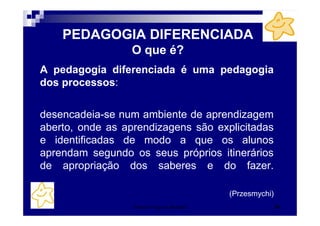 Patrícia Praça de Almeida 31
PEDAGOGIA DIFERENCIADA
O que é?
A pedagogia diferenciada é uma pedagogia
dos processos:
desencadeia-se num ambiente de aprendizagem
aberto, onde as aprendizagens são explicitadas
e identificadas de modo a que os alunos
aprendam segundo os seus próprios itinerários
de apropriação dos saberes e do fazer.
(Przesmychi)
 