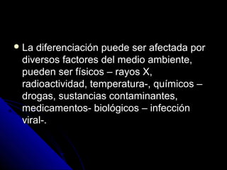  La diferenciación puede ser afectada porLa diferenciación puede ser afectada por
diversos factores del medio ambiente,diversos factores del medio ambiente,
pueden ser físicos – rayos X,pueden ser físicos – rayos X,
radioactividad, temperatura-, químicos –radioactividad, temperatura-, químicos –
drogas, sustancias contaminantes,drogas, sustancias contaminantes,
medicamentos- biológicos – infecciónmedicamentos- biológicos – infección
viral-.viral-.
 