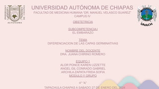 UNIVERSIDAD AUTÓNOMA DE CHIAPAS
FACULTAD DE MEDICINA HUMANA “DR. MANUEL VELASCO SUAREZ”
CAMPUS IV
OBSTETRICIA
SUBCOMPETENCIA I
EL EMBARAZO
TEMA
DIFERENCIACION DE LAS CAPAS GERMINATIVAS
NOMBRE DEL DOCENTE
DRA. JUANA CHIRINO ROMERO
EQUIPO 1
ALOR PONCE KAREN LIZZETTE
ANGEL GIL CONRADO GABRIEL
ARCHILA ZAPATA FRIDA SOFIA
MODULO Y GRUPO
4° “A”
TAPACHULA CHIAPAS A SABADO 27 DE ENERO DEL 2024
 