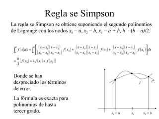 Regla se Simpson
La regla se Simpson se obtiene suponiendo el segundo polinomios
de Lagrange con los nodos x0 = a, x2 = b, x1 = a + h, h = (b – a)/2.
( ) ( )( )
( )( )
( ) ( )( )
( )( )
( ) ( )( )
( )( )
( )
( ) ( ) ( )[ ]210
2
1202
10
1
2101
20
0
2010
21
4
3
xfxfxf
h
dxxf
xxxx
xxxx
xf
xxxx
xxxx
xf
xxxx
xxxx
dxxf
b
a
b
a
++=






−−
−−
+
−−
−−
+
−−
−−
= ∫∫
Donde se han
despreciado los términos
de error.
La fórmula es exacta para
polinomios de hasta
tercer grado. x0 = a x2 = b
P3f
x1
 