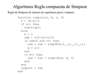 Algoritmos Regla compuesta de Simpson
Regla de Simpson de número de segmentos pares o impares
function simpint(a, b, n, f)
h = (b-a)/n
if n=1 then
sum=trap()
else
m = n
odd = n/2-int(n/2)
if odd>0 and n>1 then
sum = sum + simp38(h,fn-3,fn-2,fn-1,fn)
m = n-3
end
if m>1 then
sum = sum + simp13m(h, m, f)
end
end
simpint = sum
end
 
