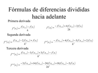 Fórmulas de diferencias divididas
hacia adelante
( ) ( ) ( )
h
xfxf
xf ii
i
−
= +1
'
Primera derivada
( ) ( ) ( ) ( )
h
xfxfxf
xf iii
i
2
34
' 12 −+−
= ++
Segunda derivada
( ) ( ) ( ) ( )
2
12 2
''
h
xfxfxf
xf iii
i
+−
= ++
( ) ( ) ( ) ( ) ( )
2
123 254
''
h
xfxfxfxf
xf iiii
i
+−+−
= +++
Tercera derivada
( ) ( ) ( ) ( ) ( )
3
123 33
'''
h
xfxfxfxf
xf iiii
i
−+−
= +++
( ) ( ) ( ) ( ) ( ) ( )
3
1234
2
51824143
'''
h
xfxfxfxfxf
xf iiiii
i
−+−+−
= ++++
 