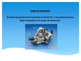 *cuerpo de aceleración:

El sensor de posición de el acelerador la válvula IAC y los puertos de vacío,
              Están localizados en el cuerpo de aceleración.
 