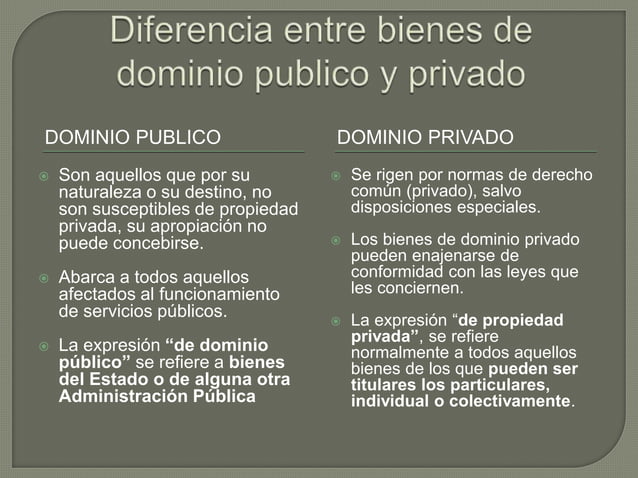 Diferencia entre bienes de dominio publico y privado | PPTX | Law