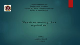 Diferencia entre cultura y cultura
organizacional
ALUMNA:
ANGELICA LINAREZ
C.I.17.306853
Universidad Fermín Toro
Vice-Rectorado Académico
Facultad de Ciencias Económicas y Sociales
Escuela de Administración
 