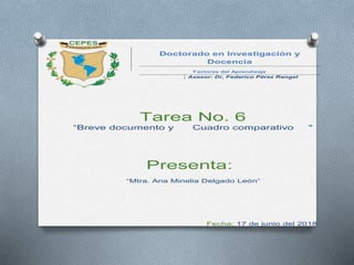 Tarea No. 6
“Breve documento y Cuadro comparativo "
Presenta:
“Mtra. Ana Minelia Delgado León”
Fecha: 17 de junio del 2018
Doctorado en Investigación y
Docencia
Factores del Aprendizaje
Asesor: Dr, Federico Pérez Rangel
 