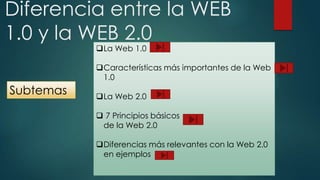 Diferencia entre la WEB
1.0 y la WEB 2.0
La Web 1.0

Características más importantes de la Web
1.0

Subtemas

La Web 2.0
 7 Principios básicos
de la Web 2.0
Diferencias más relevantes con la Web 2.0
en ejemplos

 