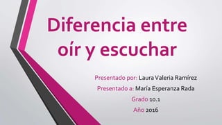 Diferencia entre
oír y escuchar
Presentado por: LauraValeria Ramírez
Presentado a: María Esperanza Rada
Grado 10.1
Año 2016
 