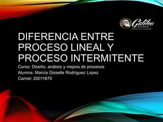 DIFERENCIA ENTRE
PROCESO LINEAL Y
PROCESO INTERMITENTE
Curso: Diseño, análisis y mejora de procesos
Alumna: Marcia Gisselle Rodríguez Lopez
Carnet: 20011670
 
