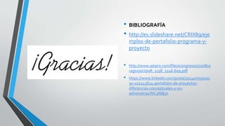 • BIBLIOGRAFÍA
• http://es.slideshare.net/CRIX89/eje
mplos-de-portafolio-programa-y-
proyecto
• http://www.aeipro.com/files/congresos/2008za
ragoza/ciip08_2138_2146.609.pdf
• https://www.linkedin.com/pulse/201407030201
30-102243624-portafolio-de-proyectos-
diferencias-conceptuales-y-su-
administraci%C3%B3n
 