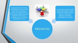 PROYECTO
Un proyecto es un esfuerzo
temporal que se lleva a cabo
para crear un producto,
servicio o resultado único. Si
bien pueden existir elementos
repetitivos dentro de un
proyecto, esto no cambia el
sentido de ser único.
Los proyectos se dan cuando
existen actividades nuevas,
incluyendo mejoras nuevas.
Tienen un inicio y fin,
objetivos específicos,
entregables y son unicos
 