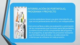 INTERRELACIÓN DE PORTAFOLIO,
PROGRAMAY PROYECTO
• Los tres estándares tienen una gran interrelación, ya
que uno es perteneciente del otro y son indispensables
• Así como se lleva a cabo una evaluación y autorización
de los componentes que formarán parte del portafolio,
lo mismo ocurre con los componentes del programa.
En el programa, se aprueban los proyectos necesarios
que formarán parte de este, y se seleccionan los
criterios que se utilizaran en cada proyecto.
 