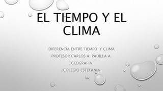 EL TIEMPO Y EL
CLIMA
DIFERENCIA ENTRE TIEMPO Y CLIMA
PROFESOR CARLOS A. PADILLA A.
GEOGRAFÍA
COLEGIO ESTEFANIA
 