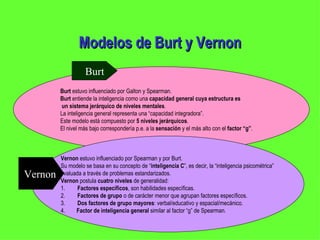 Modelos de Burt y Vernon Burt  estuvo influenciado por Galton y Spearman. Burt  entiende la inteligencia como una  capacidad general cuya estructura es un sistema jerárquico de niveles mentales .  La inteligencia general representa una “capacidad integradora”. Este modelo está compuesto por  5 niveles jerárquicos .  El nivel más bajo correspondería p.e. a la  sensación  y el más alto con el  factor “g” .   Vernon  estuvo influenciado por Spearman y por Burt. Su modelo se basa en su concepto de “ inteligencia C ”, es decir, la “inteligencia psicométrica”  evaluada a través de problemas estandarizados. Vernon  postula  cuatro niveles  de generalidad: 1.          Factores específicos , son habilidades específicas. 2.          Factores de grupo  o de carácter menor que agrupan factores específicos. 3.          Dos factores de grupo mayores : verbal/educativo y espacial/mecánico. 4.  Factor de inteligencia general  similar al factor “g” de Spearman.   Burt Vernon   