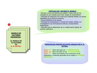 MODELO DE FACTORES PRIMARIOS :  EL MODELO DE 16 FACTORES DE R. B. CATTELL    CRÍTICAS QUE  RECIBIÓ EL MODELO   Elevado numero de factores que usaban y sobre todo por los neologismos que utilizaba para evitar sesgos de interpretación  Dificultad de replicación de la estructura obtenida debido a la escasa estabilidad de los factores primarios. Escasa fiabilidad de las escalas. Dificultad de interpretación y manejo del modelo, debido a la complejidad de sus formulaciones teóricas, excesivamente matemáticas. Dificultad para la elaboración de un modelo teórico global, de carácter explicativo. PRINCIPALES FUENTES DE DATOS USADAS POR R. B. CATTELL Datos "L":   Datos derivados de  LA OBSERVACIÓN. Datos "Q":  datos derivados de los  AUTOINFORMES. Datos "T":   datos provenientes de la evaluación de las respuestas o conductas generales de los sujetos a  PRUEBAS OBJETIVAS 