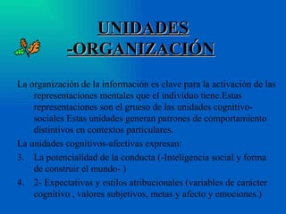 UNIDADES -ORGANIZACIÓN   La organización de la información es clave para la activación de las representaciones mentales que el individuo tiene.Estas representaciones son el grueso de las unidades cognitivo-sociales Estas unidades generan patrones de comportamiento distintivos en contextos particulares.  La unidades cognitivos-afectivas expresan: La potencialidad de la conducta (-Inteligencia social y forma de construir el mundo- )  2- Expectativas y estilos atribucionales (variables de carácter cognitivo , valores subjetivos, metas y afecto y emociones.) 