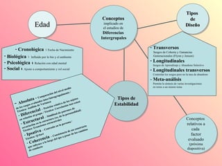 Tipos de Estabilidad Conceptos  relativos a cada  factor evaluado (próxima diapositiva) Tipos  de Diseño Conceptos   implicado en  el estudios de  Diferencias  Intergrupales Edad Cronológica   –  Fecha de Nacimiento Biológica  –   Influido por lo bio y el ambiente Psicológica   –   Relación con edad mental Social  –   Ajuste a comportamiento y rol social Absoluta -  Comparación del nivel medio  de los rasgos evaluados inter/intragrupalmente /  Técnica: Análisis de Varianza  Diferencial  – Posición relativa de los sujetos en relación al grupo / Técnica: Correlación test-retest Estructural  – Similitud de patrones de  covariación en la estructura (xe, de la perosnalidad)  Técnica: Ecuaciones estrucutrales Ipsativa  – Centrada en la persona /  Técnica: Q-Sort Coherencia  – Consistencia de un constructo que subyace a lo largo del tpo a pesar de los cambios de conducta Transversos Sesgos de Cohorte y Ganancias  Generacionales (Flynn y Jensen) Longitudinales Sesgos de Aprendizaje y Abandono Selectivo Longitudinales transversos   Controlan los sesgos pero no la tasa de abandono -  Meta-análisis Permite la síntesis de varias investigaciones  en torno a un mismo tema 