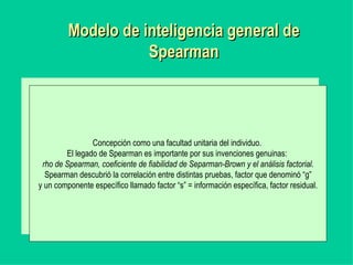 Modelo de inteligencia general de Spearman Concepción como una facultad unitaria del individuo.  El legado de Spearman es importante por sus invenciones genuinas:  rho de Spearman, coeficiente de fiabilidad de Separman-Brown y el análisis factorial. Spearman descubrió la correlación entre distintas pruebas, factor que denominó “g” y un componente específico llamado factor “s” = información específica, factor residual.   