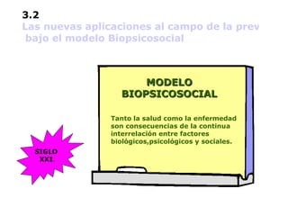 Tanto la salud como la enfermedad son consecuencias de la continua interrelación entre factores biológicos,psicológicos y sociales. MODELO BIOPSICOSOCIAL 3.2  Las nuevas aplicaciones al campo de la prevención y promoción de la salud   bajo el modelo Biopsicosocial   SIGLOS  XIX - XX .   SIGLO  XXI .   