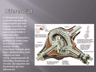 DiferencialO diferencial é um conjunto mecânico de engrenagens que tem funções distintas e de extrema importância para a estabilidade e segurança dos caminhões. Transmitir a potência do motor para as rodas de tração, mesmo em alta velocidade fazendo girar mais rapidamente a roda externa em uma curva,  compensando as diferentes distâncias do veículo, são algumas das finalidades do eixo diferencial. 