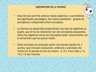 DESCRIPCIÓN DE LA TECNICA
• Esta técnica permite obtener datos objetivos y cuantitativos
del significado psicológico. Así mismo establece grados de
semejanza o disparidad entre conceptos.
• La técnica se desarrolla proponiendo una lista de adjetivos al
sujeto, que él ha de relacionar con los conceptos propuestos.
Tanto los adjetivos como los conceptos están relacionados con
la dimensión que se quiera medir.
• Cada concepto es evaluado sobre una escala bipolar de 7
puntos, que incluyen evaluación, potencia y actividad. Así
mismo en la escala el cero es neutro, -1,-2 y -3 es malo y +1,
+2 y +3 son buenos.
 