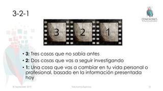 3-2-1
• 3: Tres cosas que no sabía antes
• 2: Dos cosas que vas a seguir investigando
• 1: Una cosa que vas a cambiar en tu vida personal o
profesional, basado en la información presentada
hoy
30 September 2019 Tokuhama-Espinosa 15
 
