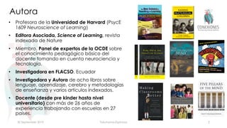 Autora
• Profesora de la Universidad de Harvard (PsycE
1609 Neuroscience of Learning)
• Editora Asociada, Science of Learning, revista
indexada de Nature
• Miembro, Panel de expertos de la OCDE sobre
el conocimiento pedagógico básico del
docente tomando en cuenta neurociencia y
tecnología.
• Investigadora en FLACSO, Ecuador
• Investigadora y Autora de ocho libros sobre
lenguaje, aprendizaje, cerebro y metodologías
de enseñanza y varios artículos indexados.
• Docente (desde pre kinder hasta nivel
universitario) con más de 26 años de
experiencia trabajando con escuelas en 27
países.
M a k i n g
C l a s s r o o m s
B e t t e r
L E S S O N S
from the
C O G N I T I V E
R E V O L U T I O N
that
T R A N S F O R M
our T E A C H I N G
30 September 2019 Tokuhama-Espinosa 2
 