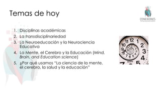 Temas de hoy
1. Disciplinas académicas
2. La transdisciplinariedad
3. La Neuroeducación y la Neurociencia
Educativa
4. La Mente, el Cerebro y la Educación (Mind,
Brain, and Education science)
5. ¿Por qué usamos “La ciencia de la mente,
el cerebro, la salud y la educación”
 