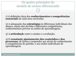 Os quatro princípios do
                        modelo de ensino diferenciado
                                      14


    1) A definição clara dos conhecimentos e competências
    essenciais de cada área curricular;

    2) A adequação das estratégias às diferenças individuais dos
    alunos, sejam elas devidas a diferentes competências,
    conhecimentos prévios ou estilos de aprendizagem;

    3) A articulação entre o ensino e a avaliação;

    4) O constante ajustamento dos conteúdos e dos
    processos, de forma a responder aos níveis de conhecimento
    e competências de partida, e aos estilos individuais de
    aprendizagem.


Idalina Jorge; ifjorge@ie.ul.pt
 