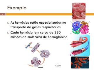 Exemplo
5




       As hemácias estão especializadas no
        transporte de gases respiratórios.
       Cada hemácia tem cerca de 280
        milhões de moléculas de hemoglobina




                                   IL 2011
 