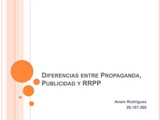 DIFERENCIAS ENTRE PROPAGANDA,
PUBLICIDAD Y RRPP
Anaín Rodríguez
26.167.366
 