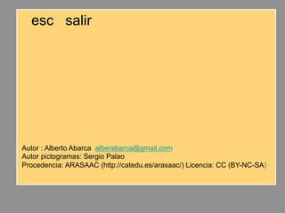 esc salir
Autor : Alberto Abarca alberabarca@gmail.com
Autor pictogramas: Sergio Palao
Procedencia: ARASAAC (http://catedu.es/arasaac/) Licencia: CC (BY-NC-SA)
 