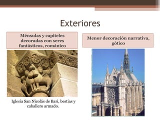 Exteriores
Ménsulas y capiteles
decoradas con seres
fantásticos, románico
Menor decoración narrativa,
gótico
Iglesia San Nicolás de Bari, bestias y
caballero armado.
 