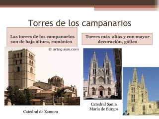Torres de los campanarios
Las torres de los campanarios
son de baja altura, románico
Torres más altas y con mayor
decoración, gótico
Catedral de Zamora
Catedral Santa
María de Burgos
 