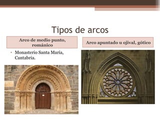 Tipos de arcos
Arco de medio punto,
románico
Arco apuntado u ojival, gótico
• Monasterio Santa María,
Cantabria.
 