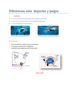 Diferencias ente deportes y juegos
NATACION
 Si no se toca la pared de la forma indicada según el estilo se descalificara automáticamente .
 Si cometes a equivocación de salir antes de lo indicado se descalificara automáticamente.
 Si se realiza una patada fuer del estilo de descalificar.
Piedra ,papelo tijera
 A la cuentade tres cada uno saca su respuesta.
 Tiene que serde más de un integrante .
 Automáticamenteganalaseñal con másvalor.
CONCLUSION
 