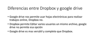 Diferencias entre Dropbox y google drive
• Google drive nos permite usar hojas electrónicas para realizar
trabajos online, Dropbox no.
• Dropbox permite Editar varios usuarios un mismo archivo, google
drive no permite esa opción
• Google drive es mas versátil y completo que Dropbox.
 