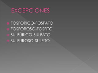  FOSFÓRICO-FOSFATO 
 FOSFOROSO-FOSFITO 
 SULFÚRICO-SULFATO 
 SULFUROSO-SULFITO 
