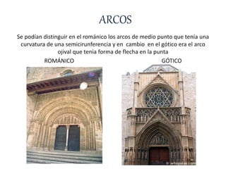ARCOS
Se podían distinguir en el románico los arcos de medio punto que tenía una
curvatura de una semicirunferencia y en cambio en el gótico era el arco
ojival que tenia forma de flecha en la punta
ROMÁNICO GÓTICO