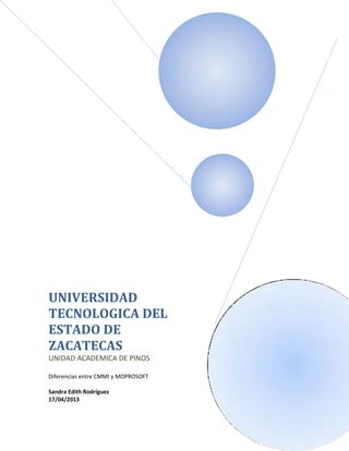 UNIVERSIDAD
TECNOLOGICA DEL
ESTADO DE
ZACATECAS
UNIDAD ACADEMICA DE PINOS
Diferencias entre CMMI y MOPROSOFT
Sandra Edith Rodríguez
17/04/2013
 