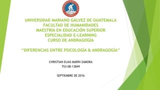 UNIVERSIDAD MARIANO GÁLVEZ DE GUATEMALA
FACULTAD DE HUMANIDADES
MAESTRÍA EN EDUCACIÓN SUPERIOR
ESPECIALIDAD E-LEARNING
CURSO DE ANDRAGOGÍA
“DIFERENCIAS ENTRE PSICOLOGÍA & ANDRAGOGÍA”
CHRISTIAN ELIAS MARÍN ZAMORA
753-08-13849
SEPTIEMBRE DE 2016
 