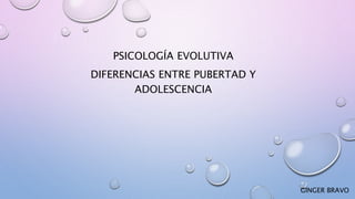 PSICOLOGÍA EVOLUTIVA
DIFERENCIAS ENTRE PUBERTAD Y
ADOLESCENCIA
GINGER BRAVO
 