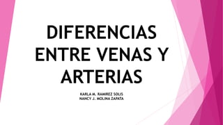 DIFERENCIAS 
ENTRE VENAS Y 
ARTERIAS 
KARLA M. RAMIREZ SOLIS 
NANCY J. MOLINA ZAPATA 
 