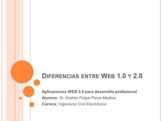 DIFERENCIAS ENTRE WEB 1.0 Y 2.0
Aplicaciones WEB 2.0 para desarrollo profesional
Alumno: Sr. Andrés Felipe Paiva Medina
Carrera: Ingeniería Civil Electrónica
 