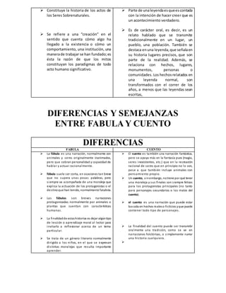 Constituye la historia de los actos de
los Seres Sobrenaturales.
 Se refiere a una “creación” en el
sentido que cuenta cómo algo ha
llegado a la existencia o cómo un
comportamiento, una institución, una
manerade trabajar se han fundado;es
ésta la razón de que los mitos
constituyan los paradigmas de todo
acto humano significativo.
 Parte de unaleyendaesqueescontada
con la intención de hacer creer que es
un acontecimiento verdadero.
 Es de carácter oral, es decir, es un
relato hablado que se transmite
tradicionalmente en un lugar, un
pueblo, una población. También se
destaca enuna leyenda,que señalaen
su historia lugares precisos, que son
parte de la realidad. Además, se
relaciona con hechos, lugares,
monumentos, personas o
comunidades. Los hechosrelatados en
una leyenda normal, son
transformados con el correr de los
años, a menos que las leyendas sean
escritas,
DIFERENCIAS Y SEMEJANZAS
ENTRE FABULA Y CUENTO
DIFERENCIAS
FABULA CUENTO
 La fábula es una narración, normalmente con
animales y seres originalmente inanimados,
pero que cobran personalidad y capacidad de
hablar y actuar racionalmente.
 fábula suele ser corta, en ocasiones tan breve
que no supera unas pocas palabras, pero
siempre va acompañada de una moraleja que
explica la actuación de los protagonistas o el
destinoque han tenido, normalmente fatalista.
 Las fábulas son breves narraciones
protagonizadas normalmente por animales o
plantas que cuentan con características
humanas.
 La finalidadde estashistorias es dejar algúntipo
de lección o aprendizaje moral al lector para
invitarlo a reflexionar acerca de un tema
particular.
 Se trata de un género literario normalmente
dirigido a los niños, en el que se expresan
distintas moralejas que resulta importante
aprender.
 El cuento es también una narración fantástica,
pero se apoya más en la fantasía pura (magia,
seres inexistentes, etc.) que en la recreación
racional de seres que en principio no lo son,
pese a que también incluye animales con
pensamiento propio.
 Un cuento, sinembargo, notiene por qué tener
una moraleja y sus finales son siempre felices
para los protagonistas principales (no tanto
para personajes secundarios o los malos del
cuento).
 el cuento es una narración que puede estar
basada en hechos realeso ficticios yque puede
contener todo tipo de personajes.
 La finalidad del cuento puede ser transmitir
oralmente una tradición, como se ve en
narraciones folclóricas, o simplemente narrar
una historia cualquiera.

 